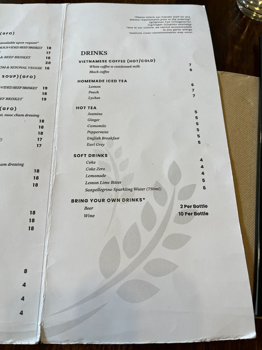 Menu, Dad Vietnamese Restaurant