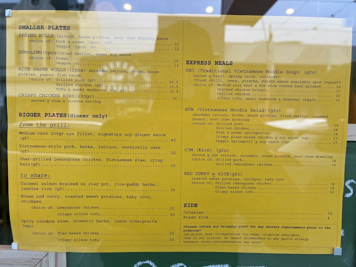 Menu, Dad Vietnamese Restaurant