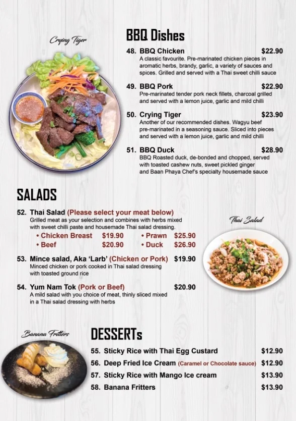 Menu, Baan Phaya Thai Banyo