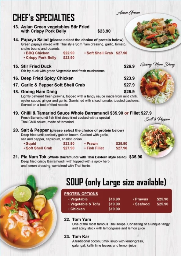 Menu, Baan Phaya Thai Banyo