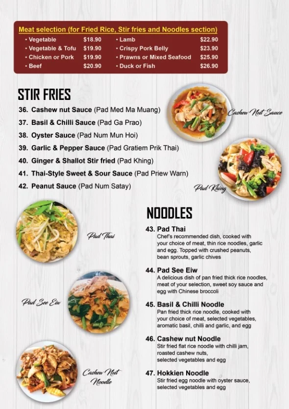 Menu, Baan Phaya Thai Banyo