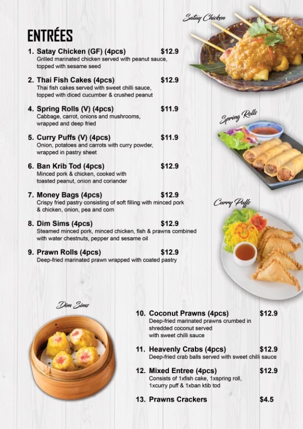 Menu, Baan Phaya Thai Banyo