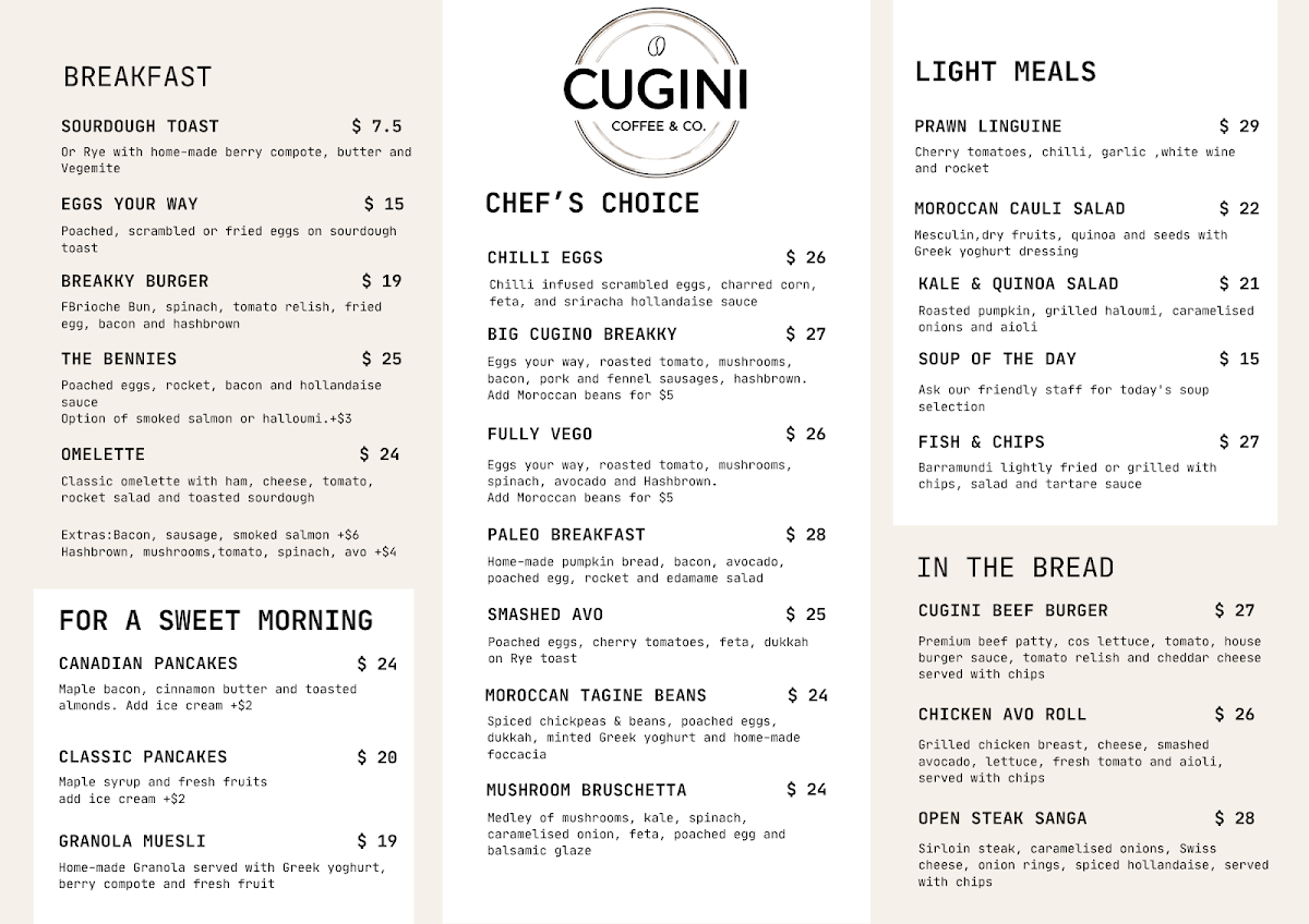 Menu, Cugini Coffee & Co.