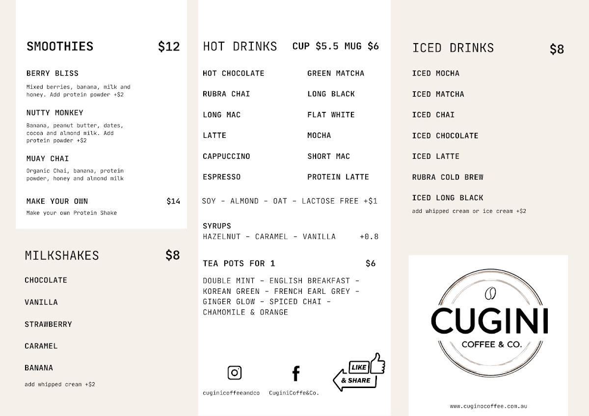 Menu, Cugini Coffee & Co.