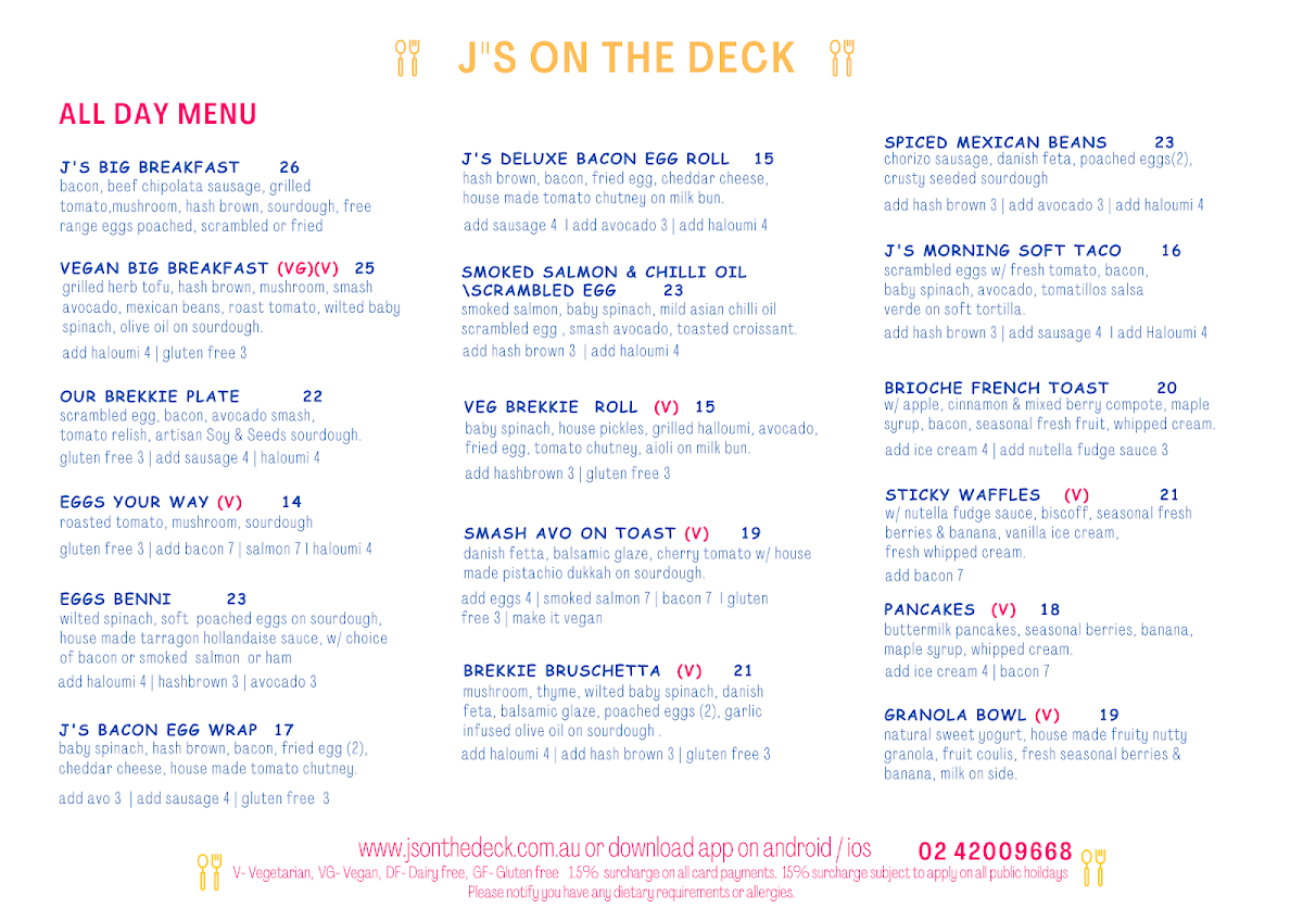 Menu, J's on the deck