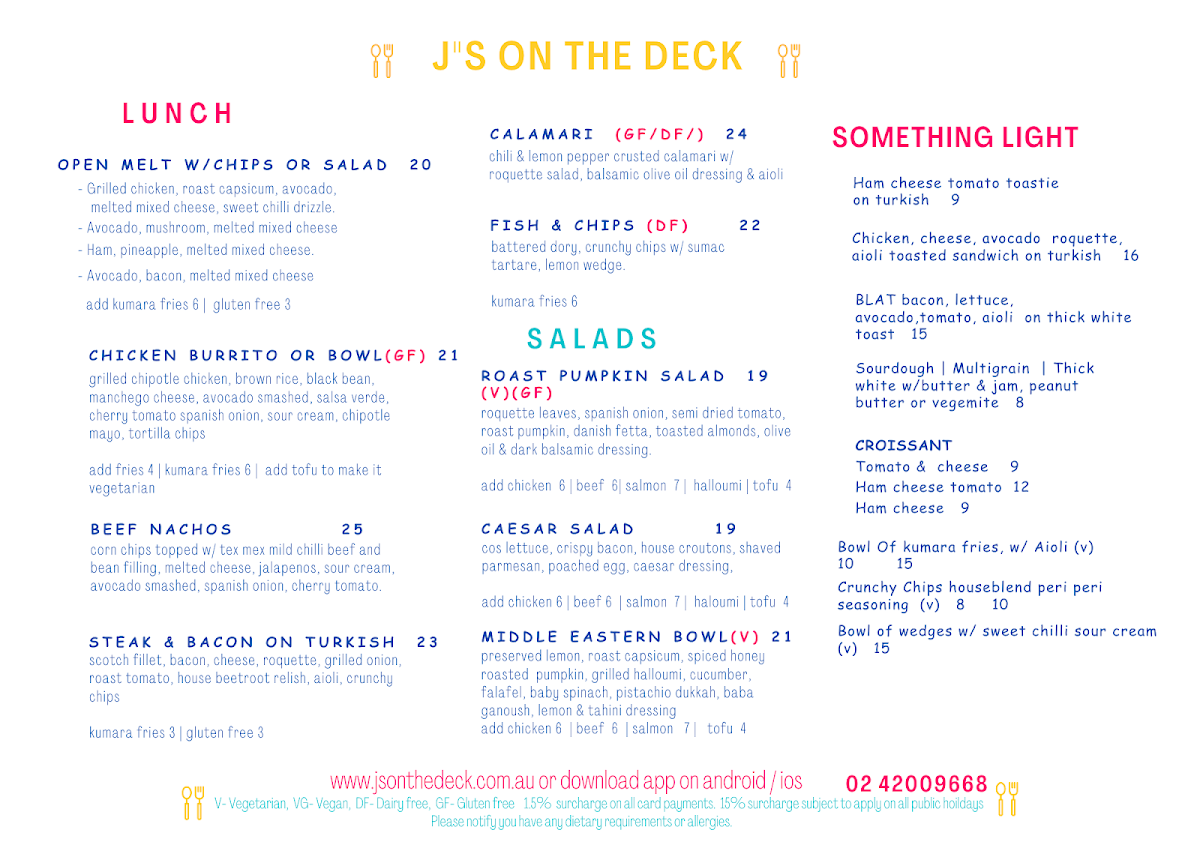 Menu, J's on the deck