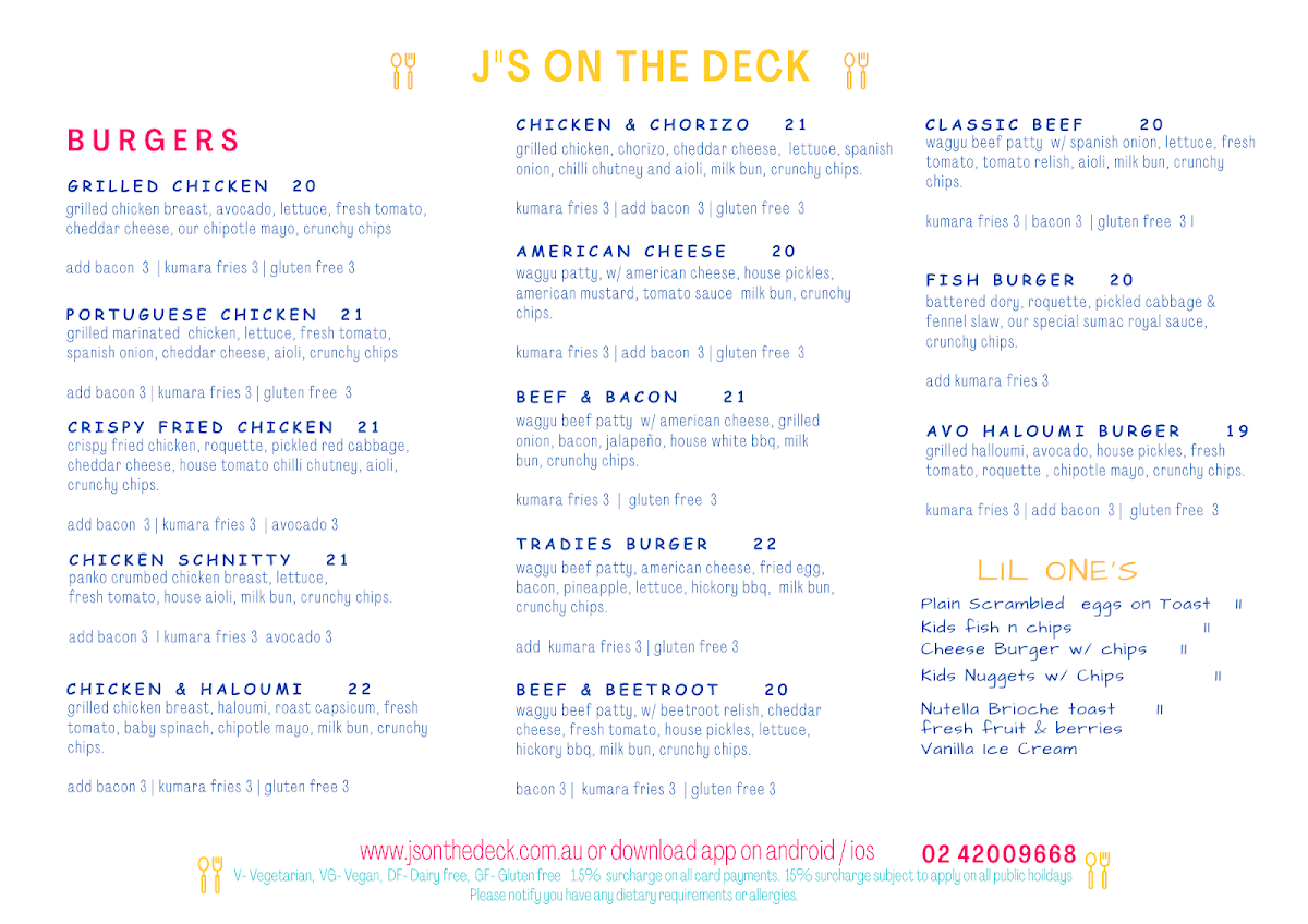 Menu, J's on the deck