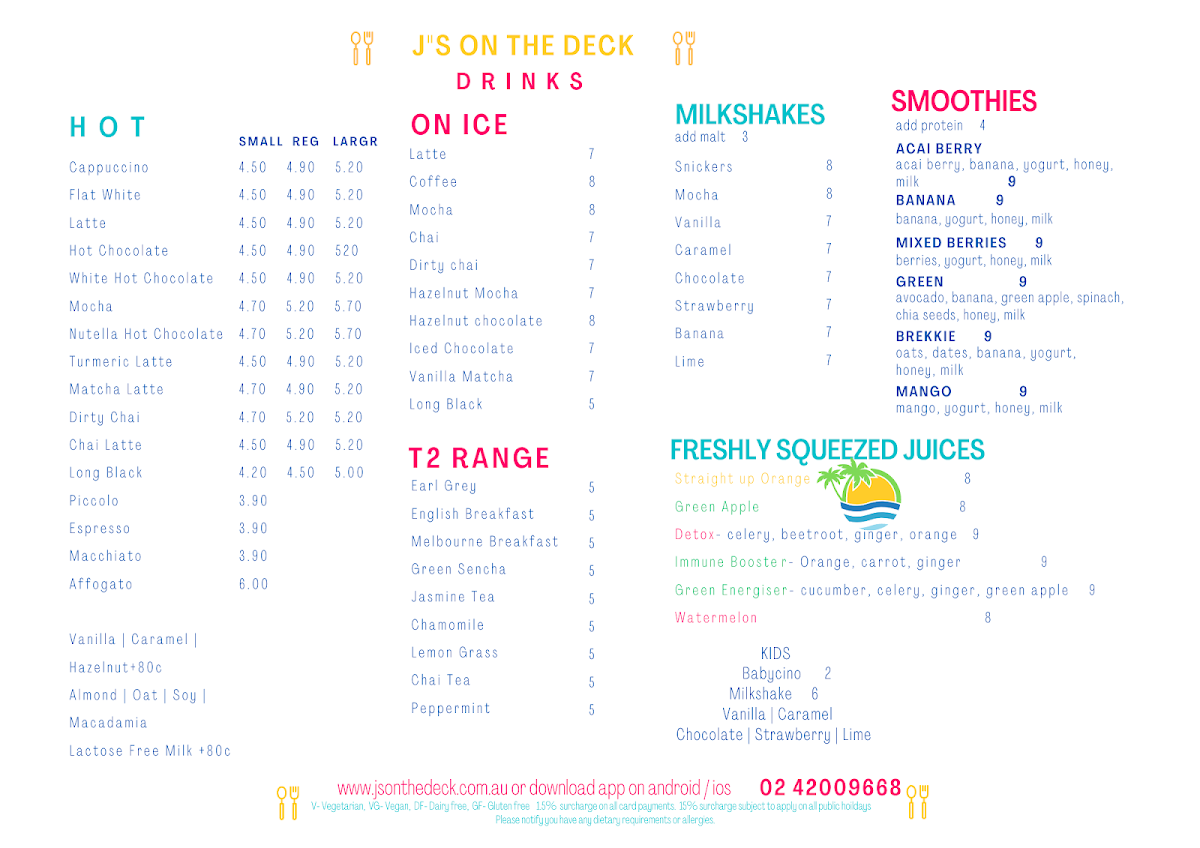 Menu, J's on the deck