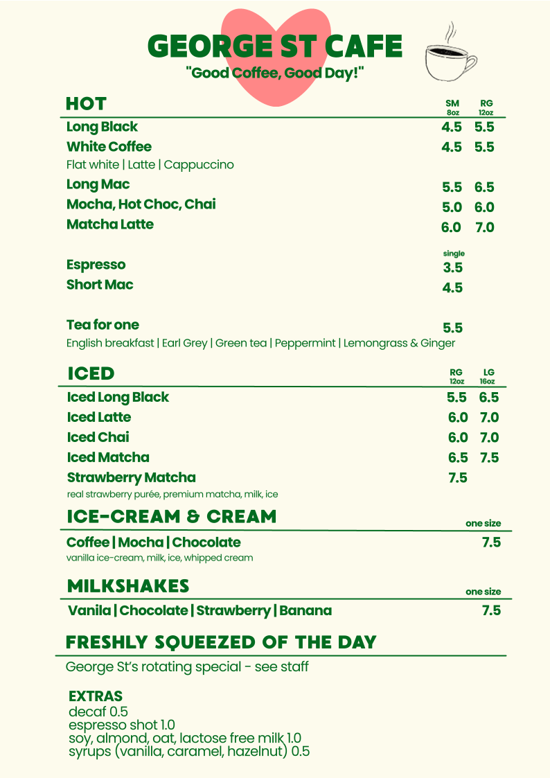 Menu, George Street Cafe