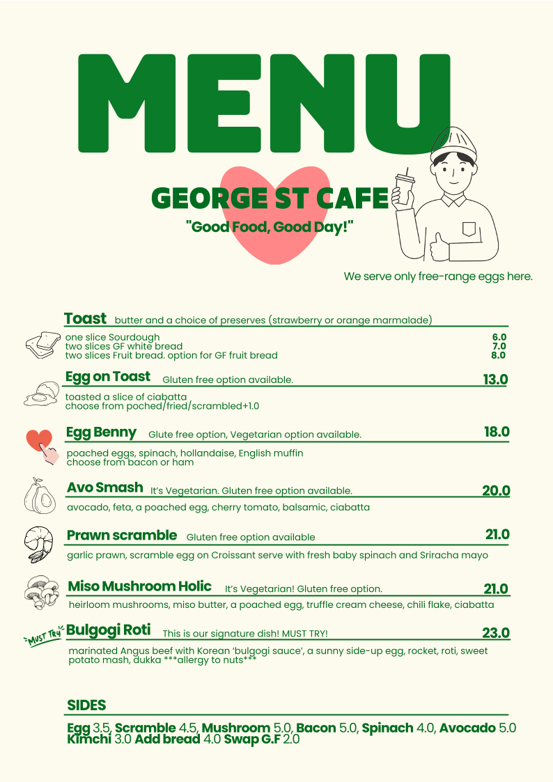 Menu, George Street Cafe