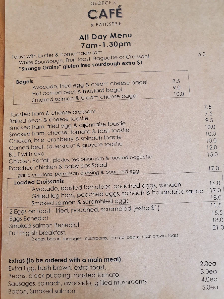 Menu, George Street Cafe