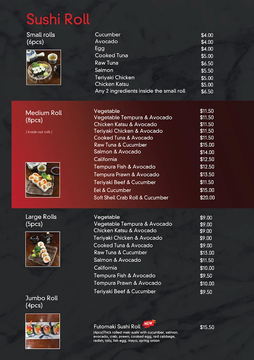 Menu, Kokoro Japanese Restaurant