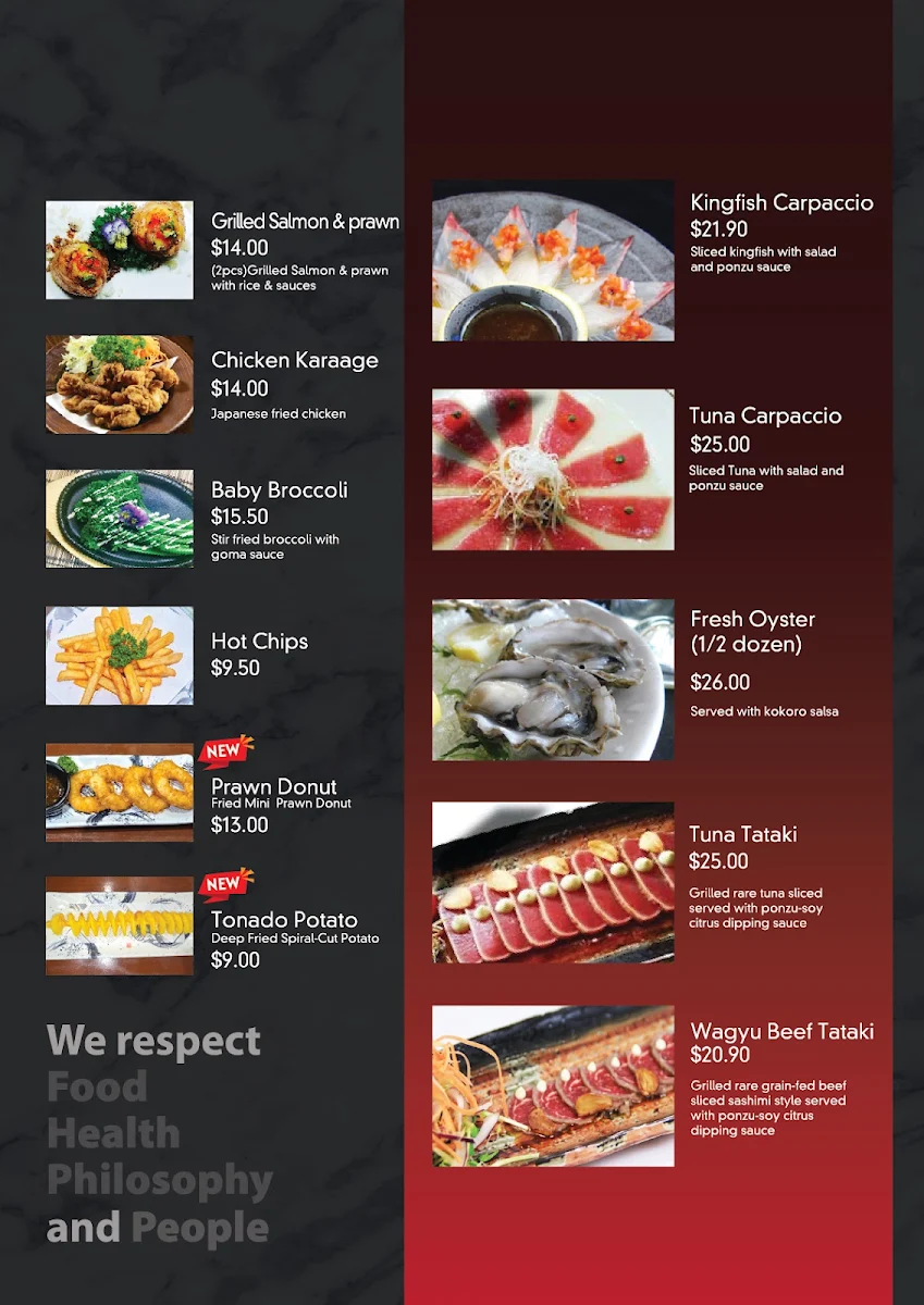 Menu, Kokoro Japanese Restaurant