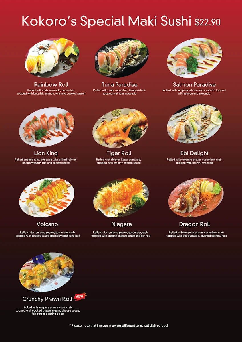 Menu, Kokoro Japanese Restaurant