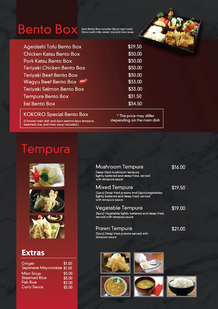 Menu, Kokoro Japanese Restaurant