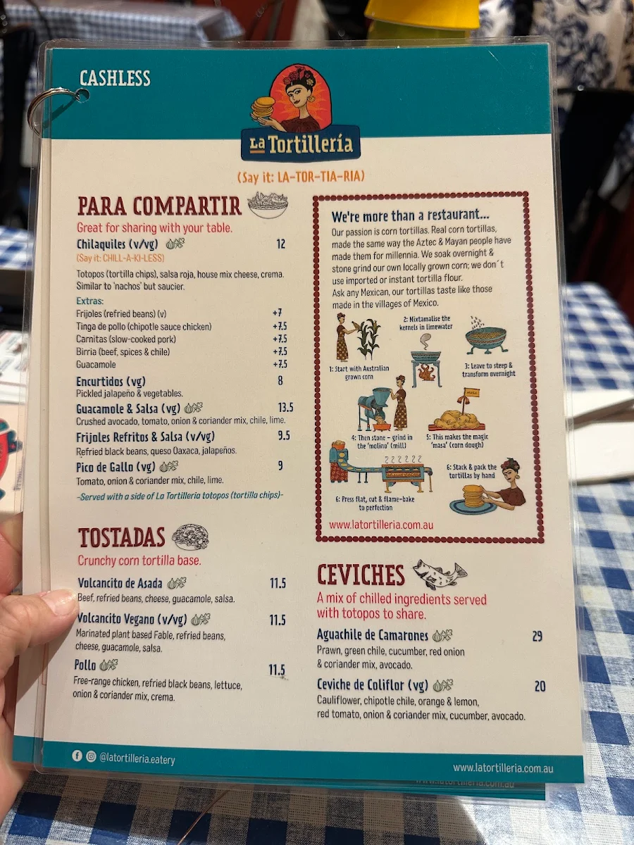 Menu, La Tortilleria