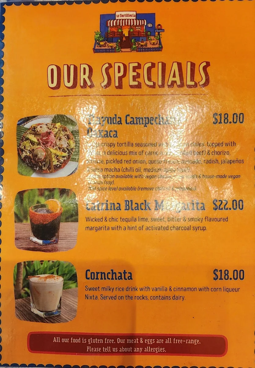 Menu, La Tortilleria