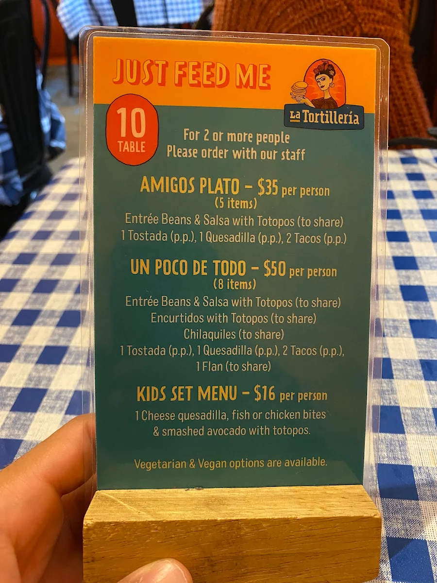 Menu, La Tortilleria
