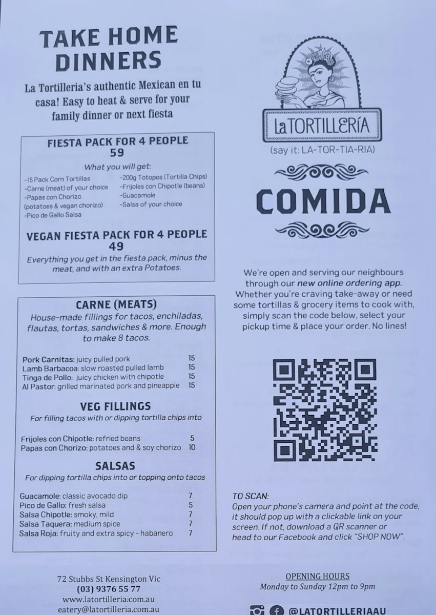 Menu, La Tortilleria
