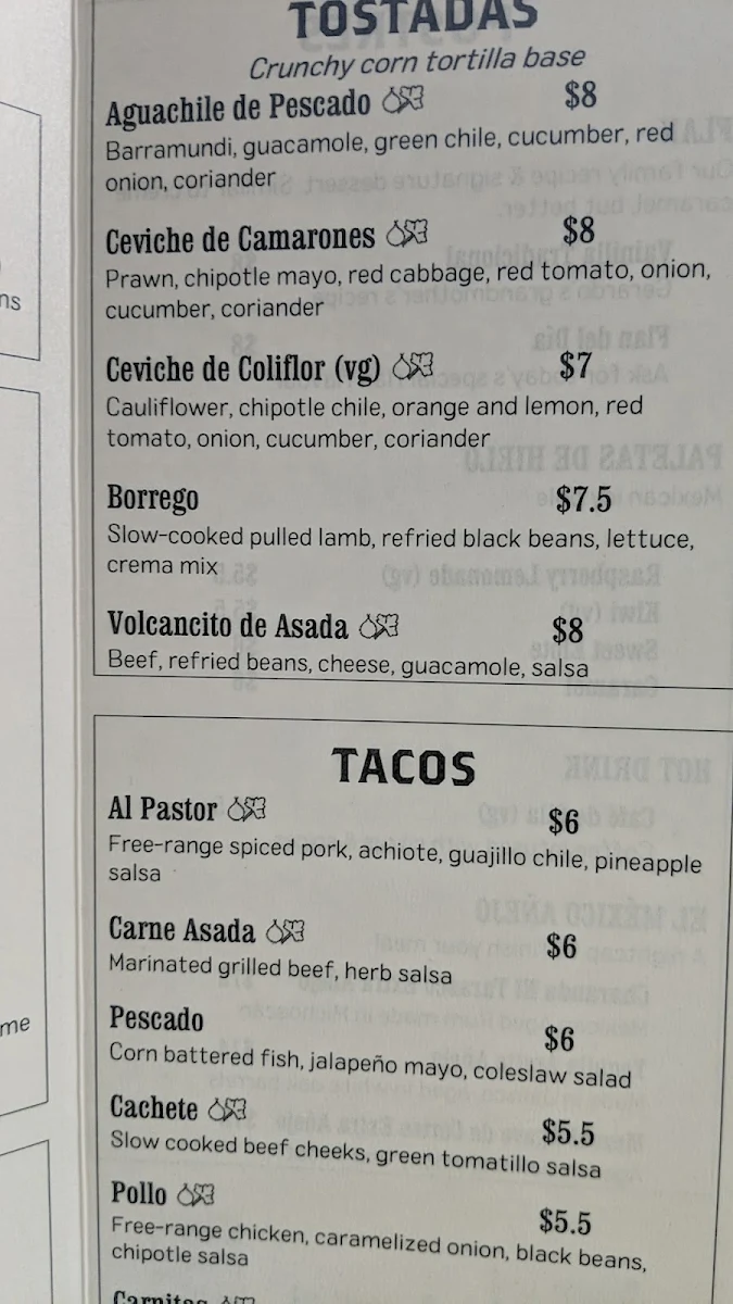 Menu, La Tortilleria