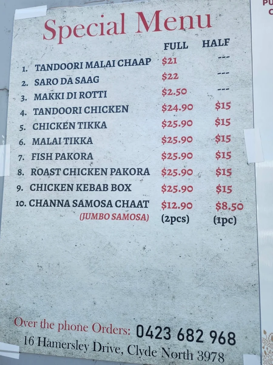 Menu, Punjabi BBQ Chicken & Kebab