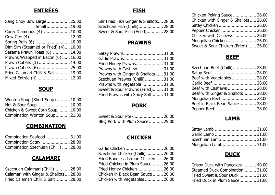 Menu, Moongarden Restaurant