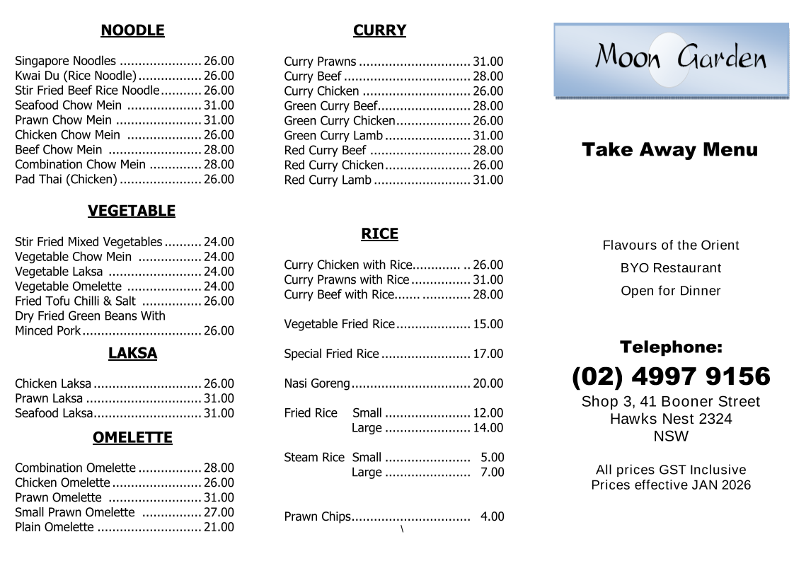 Menu, Moongarden Restaurant
