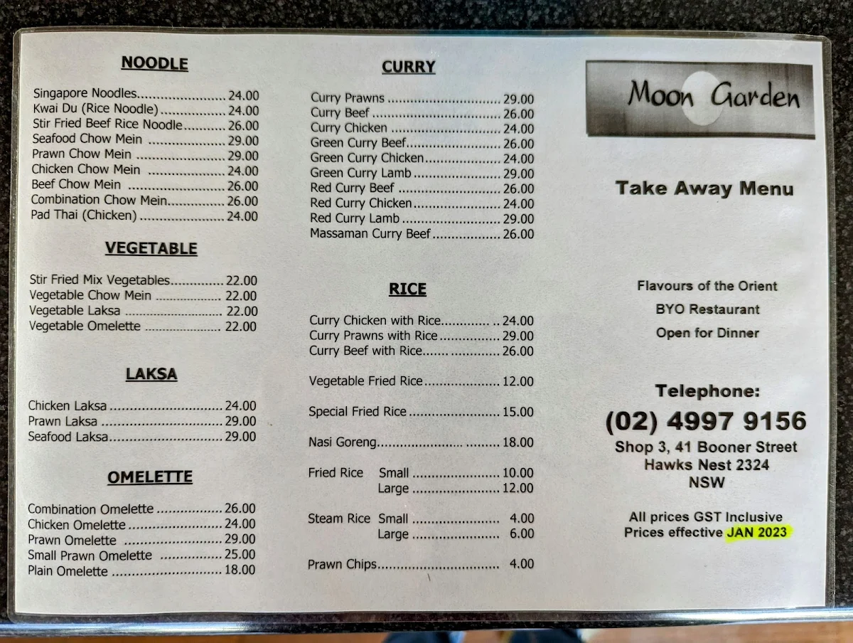 Menu, Moongarden Restaurant