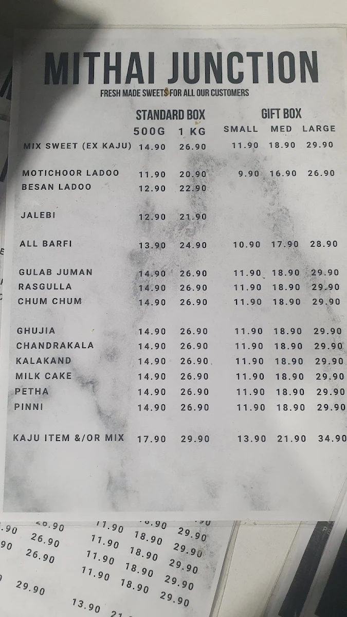 Menu, Mithai Junctiom Riverstone