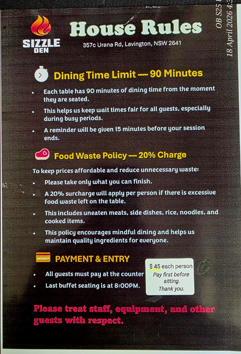 Menu, Sizzle Den