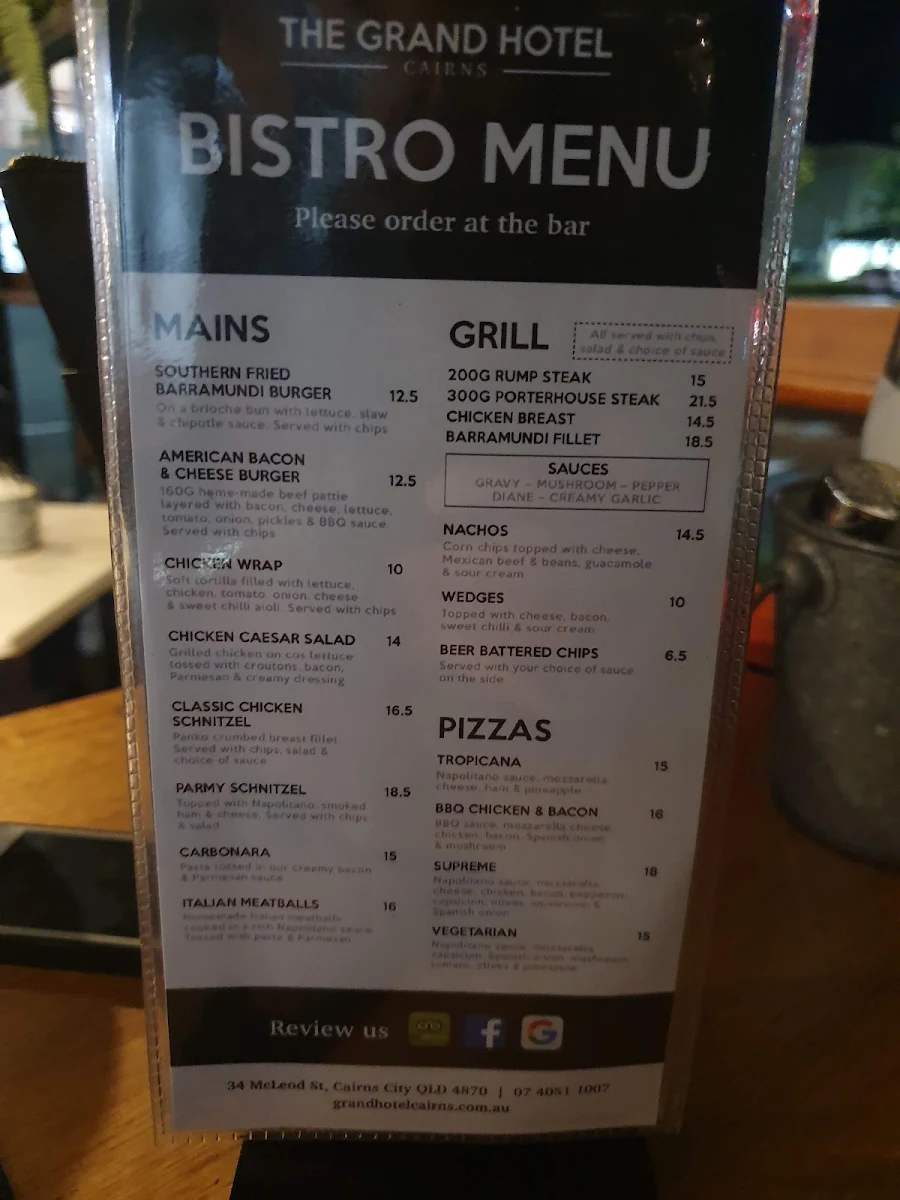 Menu, Grand Hotel Cairns