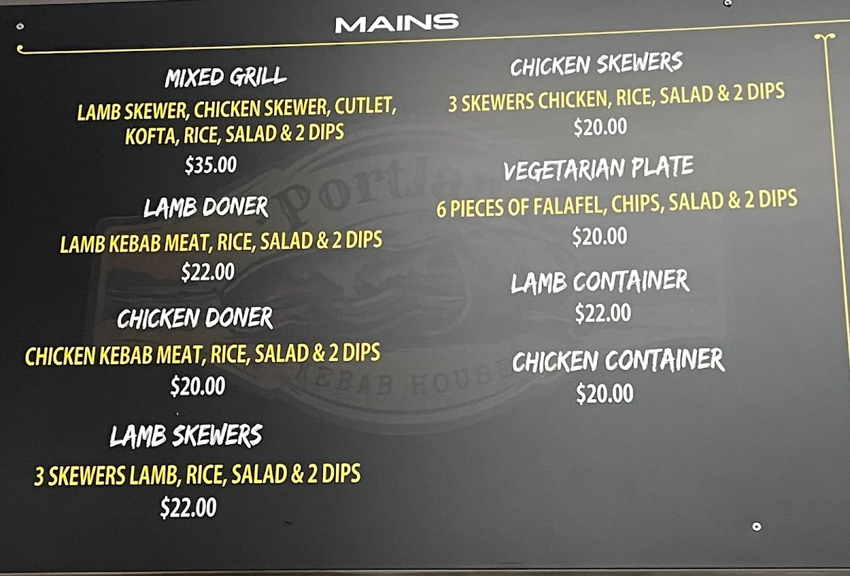 Menu, Portland Kebab House Victoria