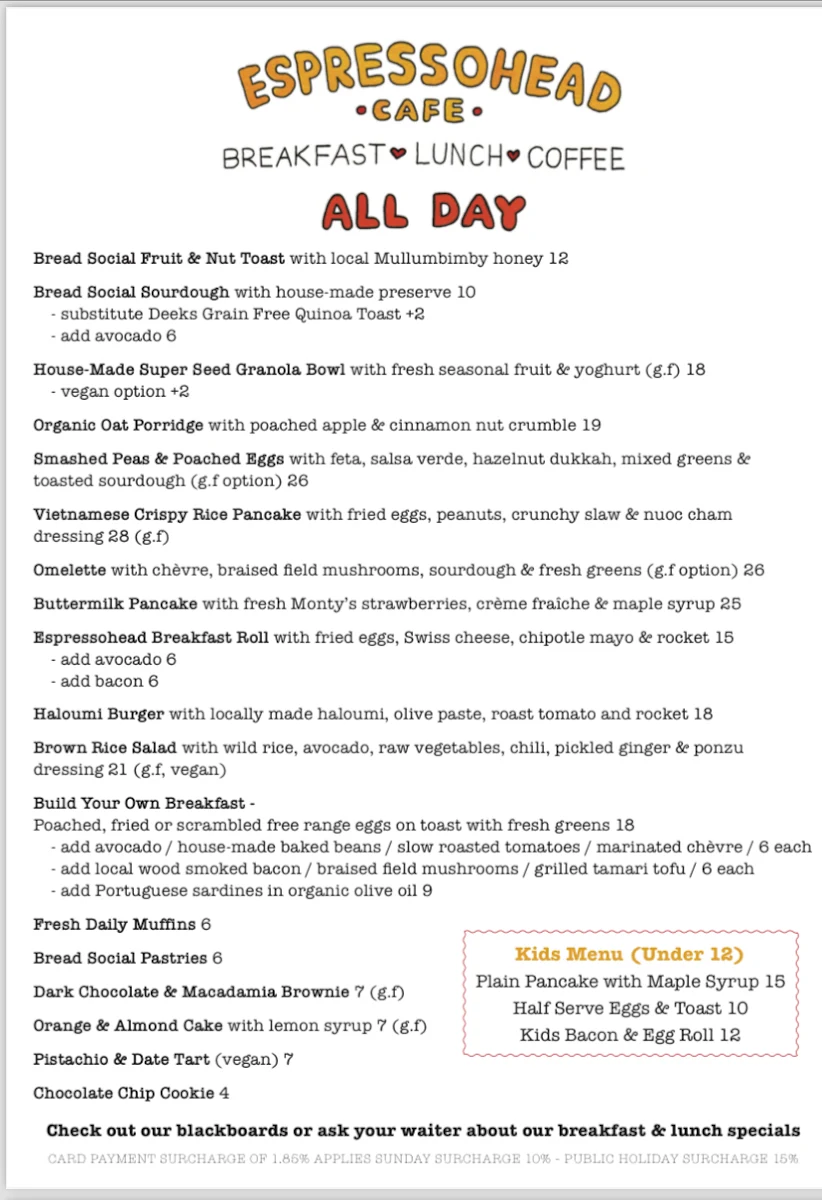 Menu, Espressohead Cafe