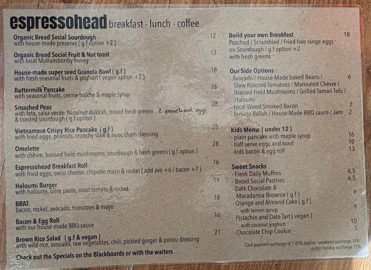 Menu, Espressohead Cafe