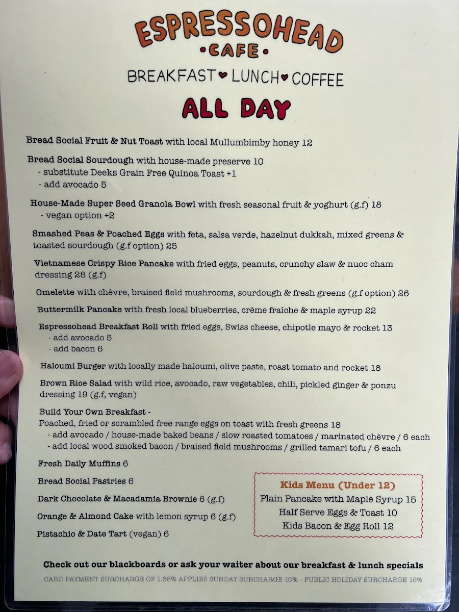 Menu, Espressohead Cafe