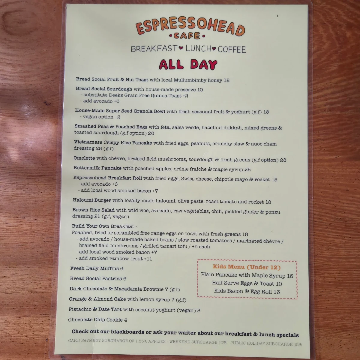 Menu, Espressohead Cafe