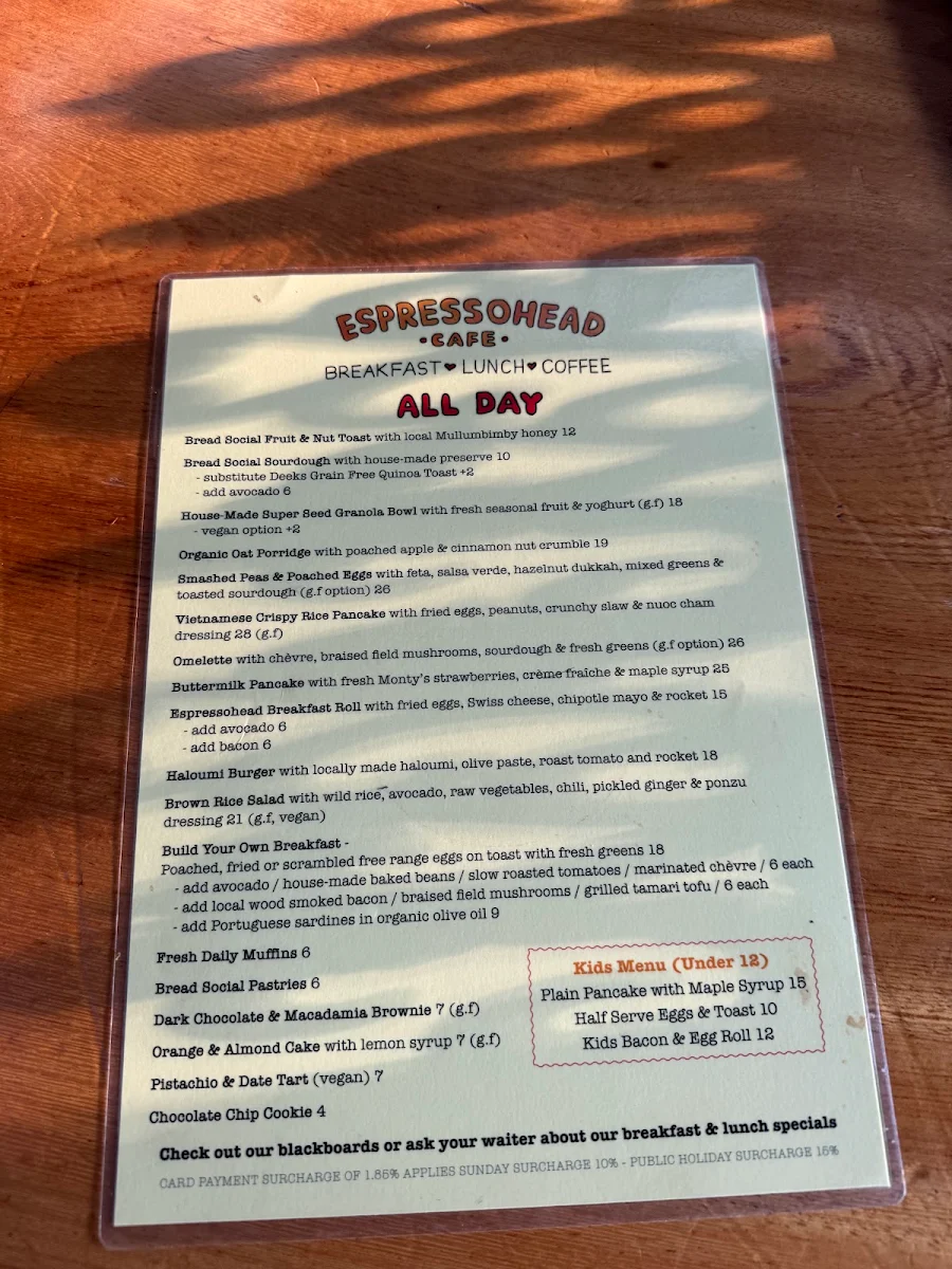 Menu, Espressohead Cafe