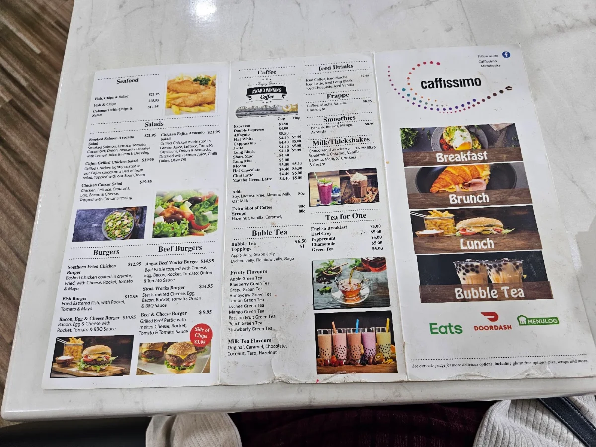 Menu, Caffissimo Mirrabooka