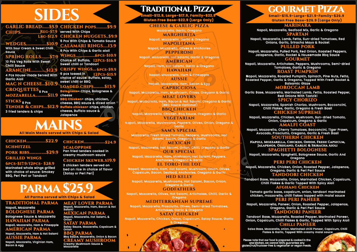 Menu, EL Toro Pizza & Pasta Lara