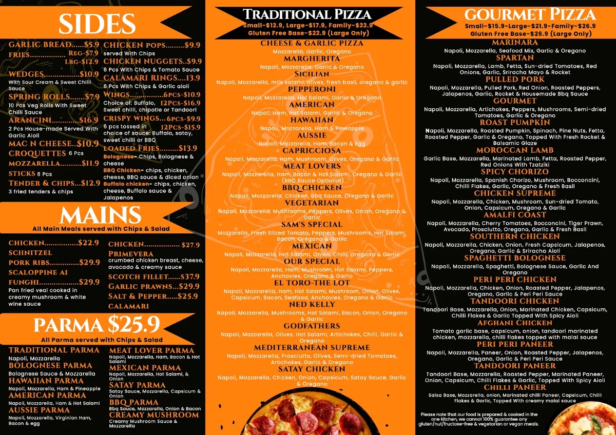 Menu, EL Toro Pizza & Pasta Lara
