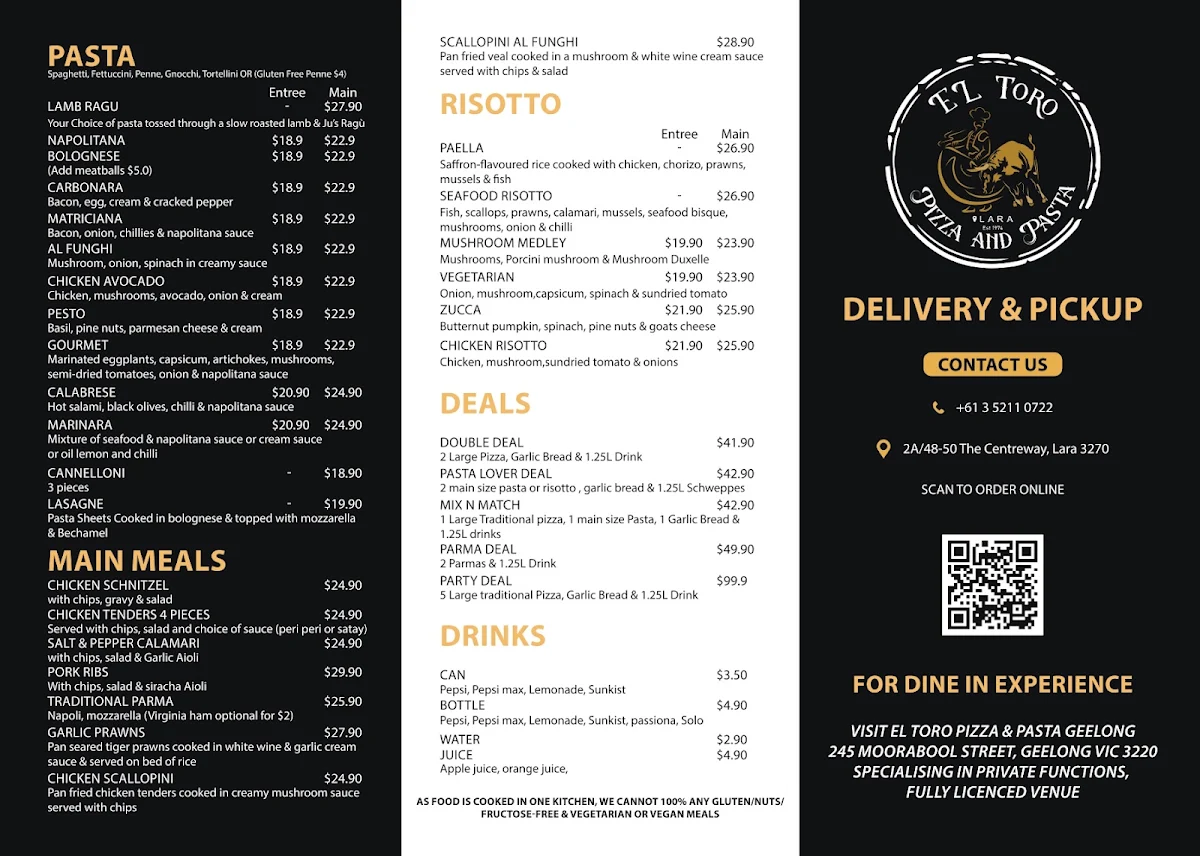 Menu, EL Toro Pizza & Pasta Lara