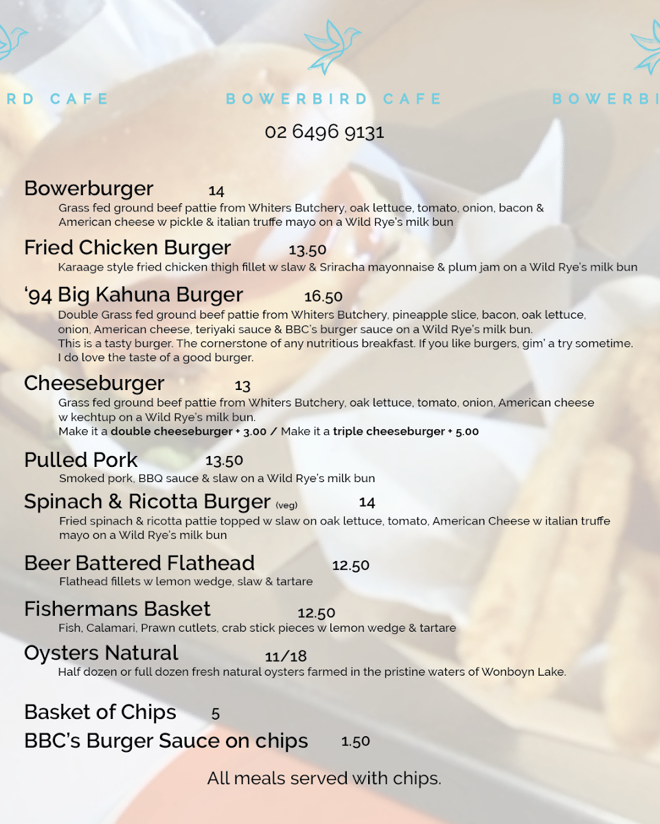 Menu, Bowerbird Cafe