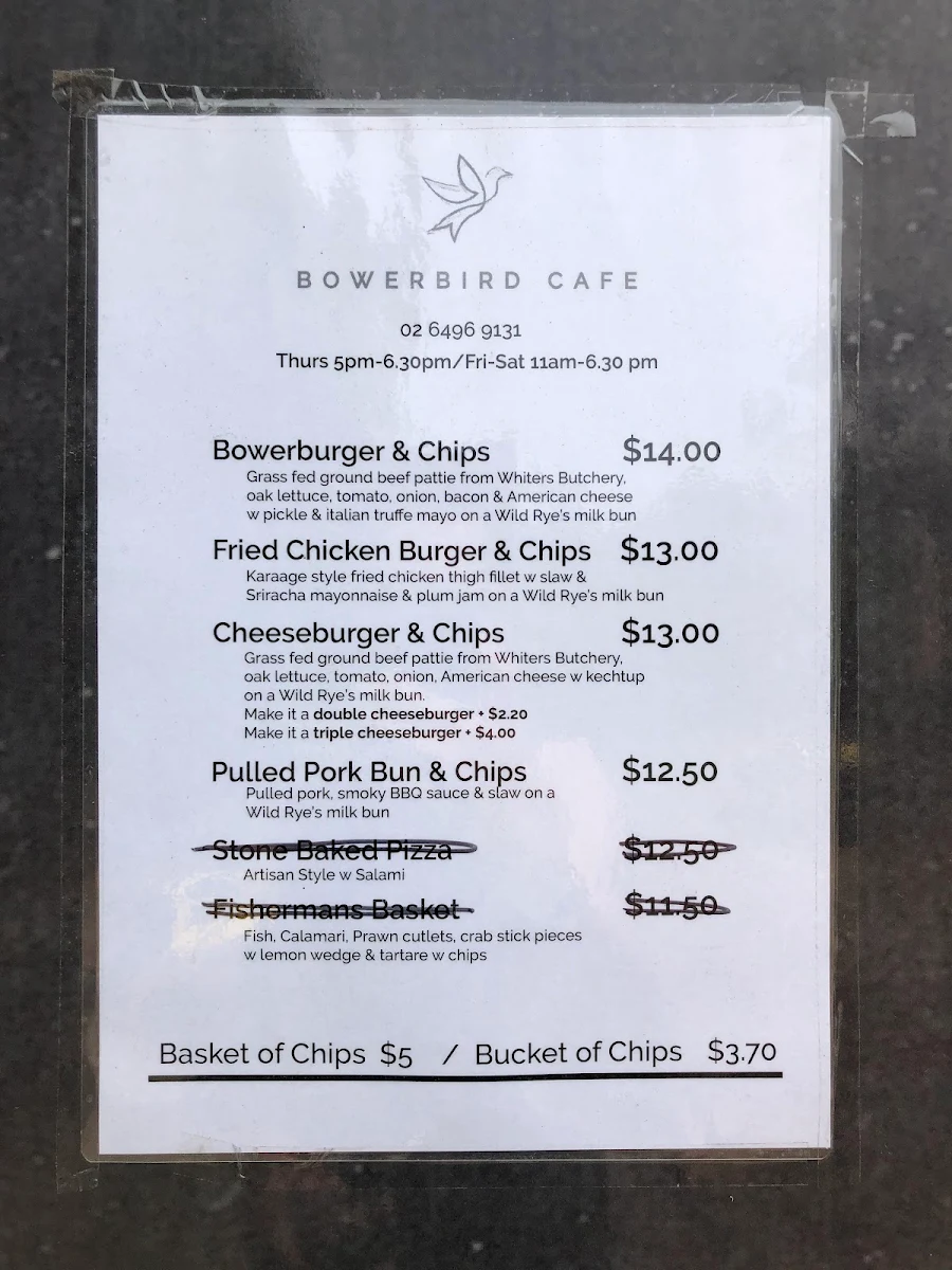 Menu, Bowerbird Cafe