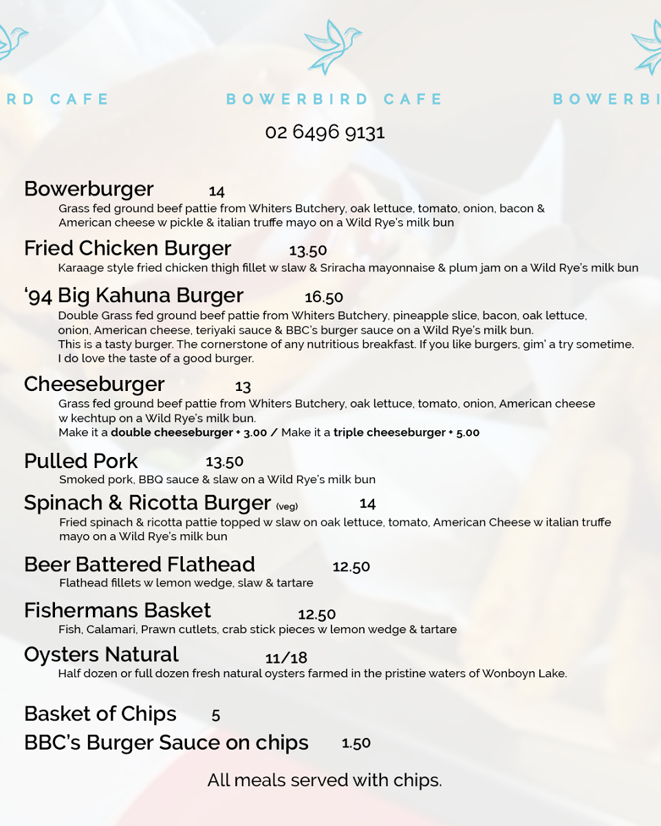 Menu, Bowerbird Cafe