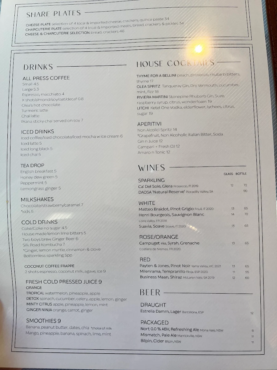 Menu, Olea Lindfield