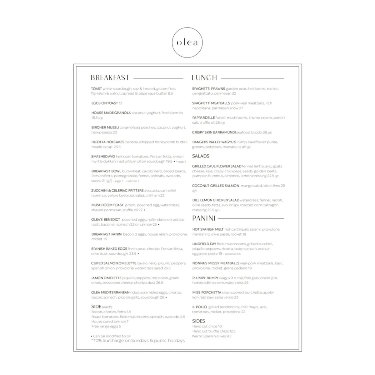 Menu, Olea Lindfield