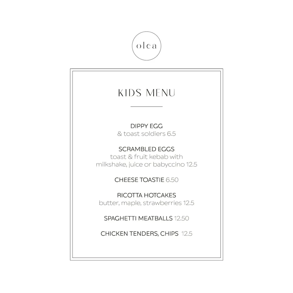 Menu, Olea Lindfield