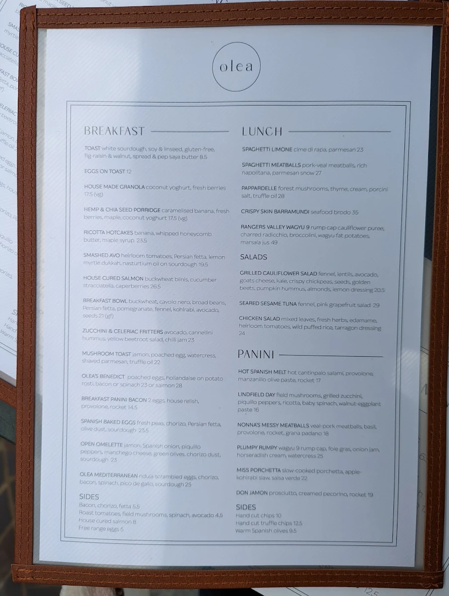 Menu, Olea Lindfield