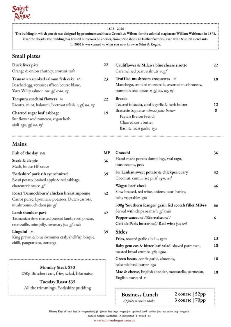 Menu, Saint & Rogue