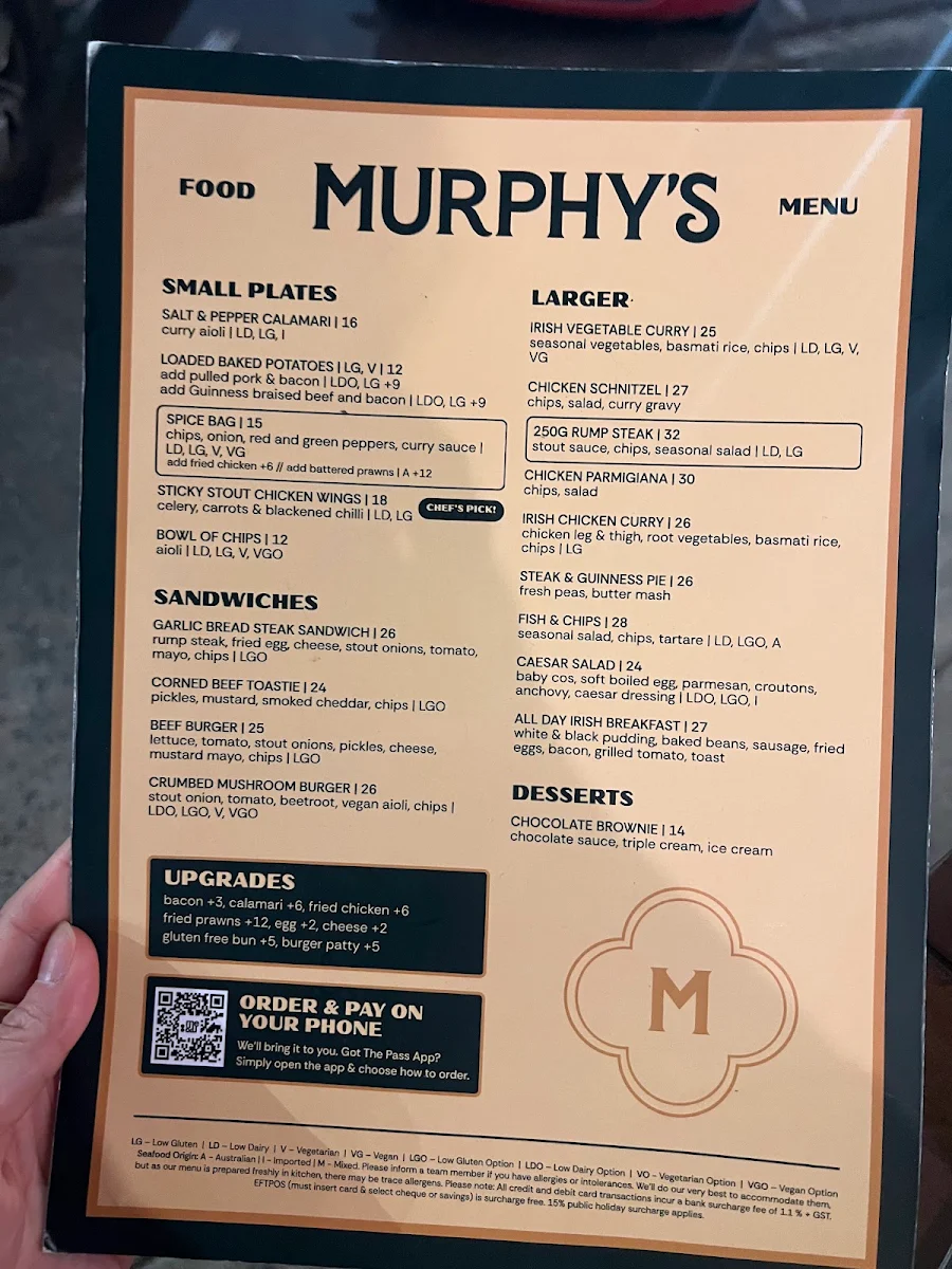 Menu, Murphy's Pub Cairns